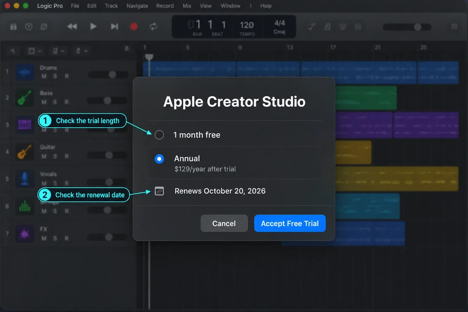 Apple Creator Studio free-trial confirmation screen showing the trial length and renewal date
