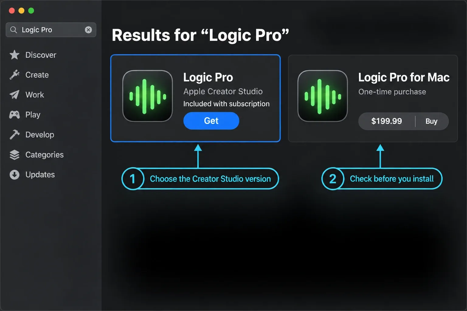Mac App Store comparing the Creator Studio and one-time-purchase Logic Pro listings