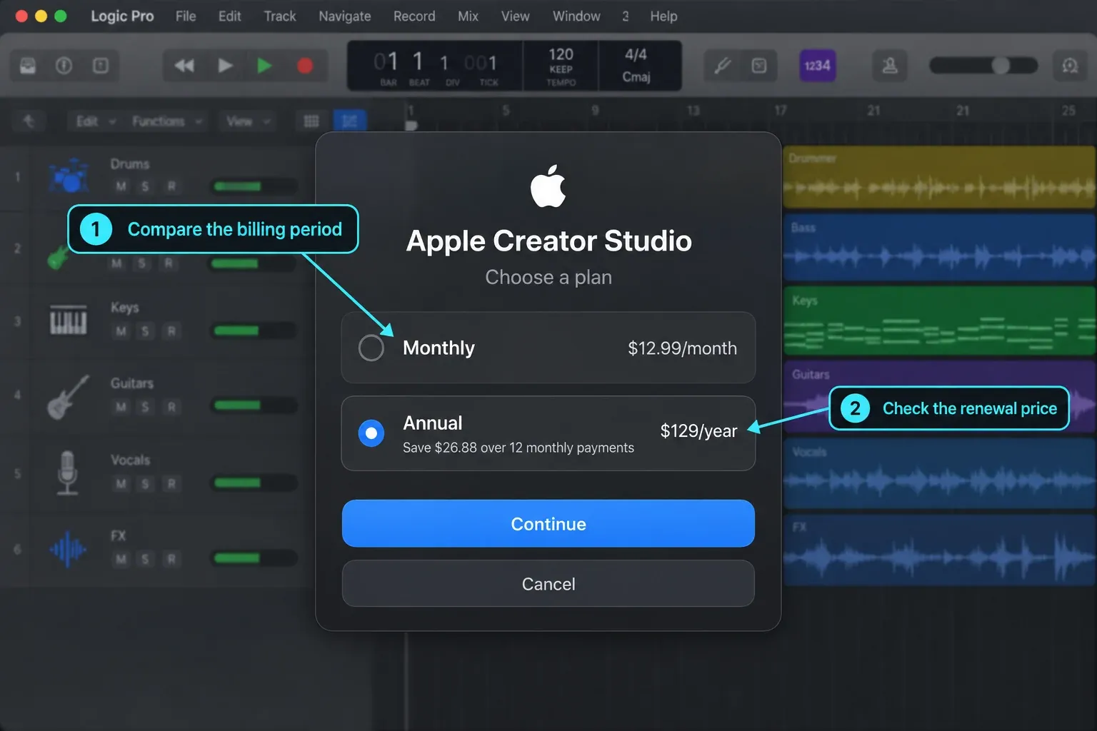 Apple Creator Studio plan selection comparing $12.99 monthly and $129 annual billing