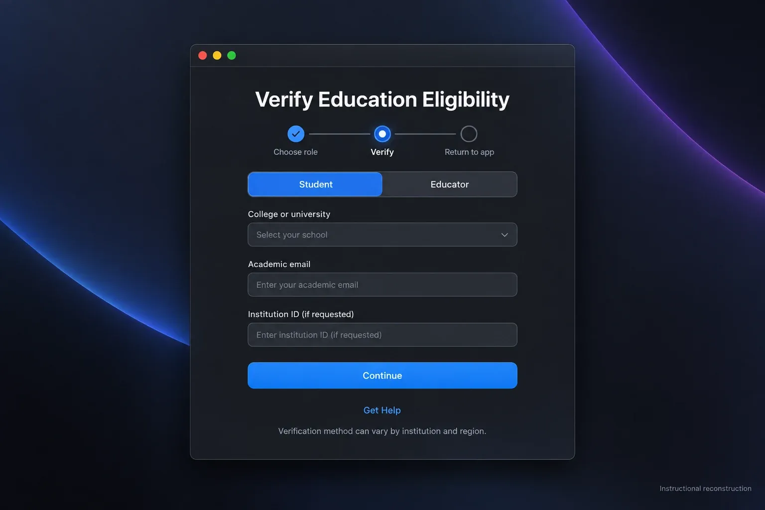 Apple Creator Studio education eligibility with Student and Educator verification options