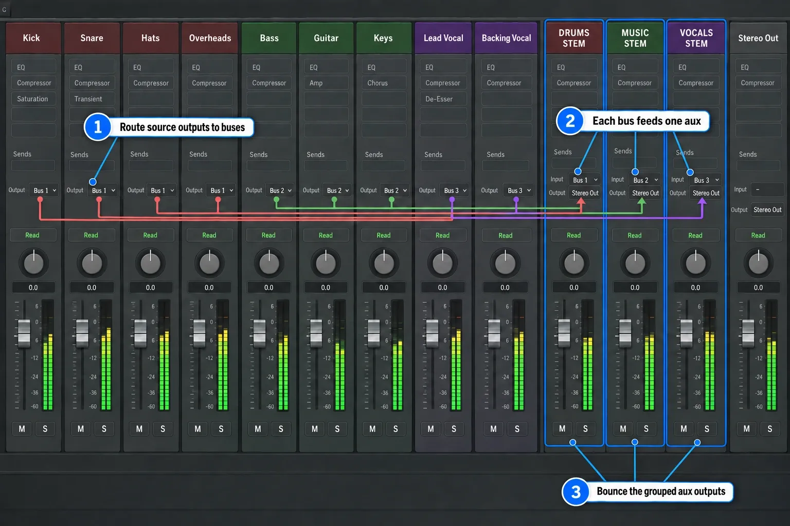Logic Pro mixer routing for drums, music, vocals and effects grouped stems using buses and aux channel strips