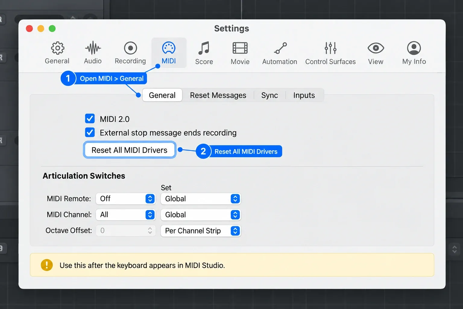 Instructional reconstruction of Logic Pro Settings showing MIDI General and the Reset All MIDI Drivers button