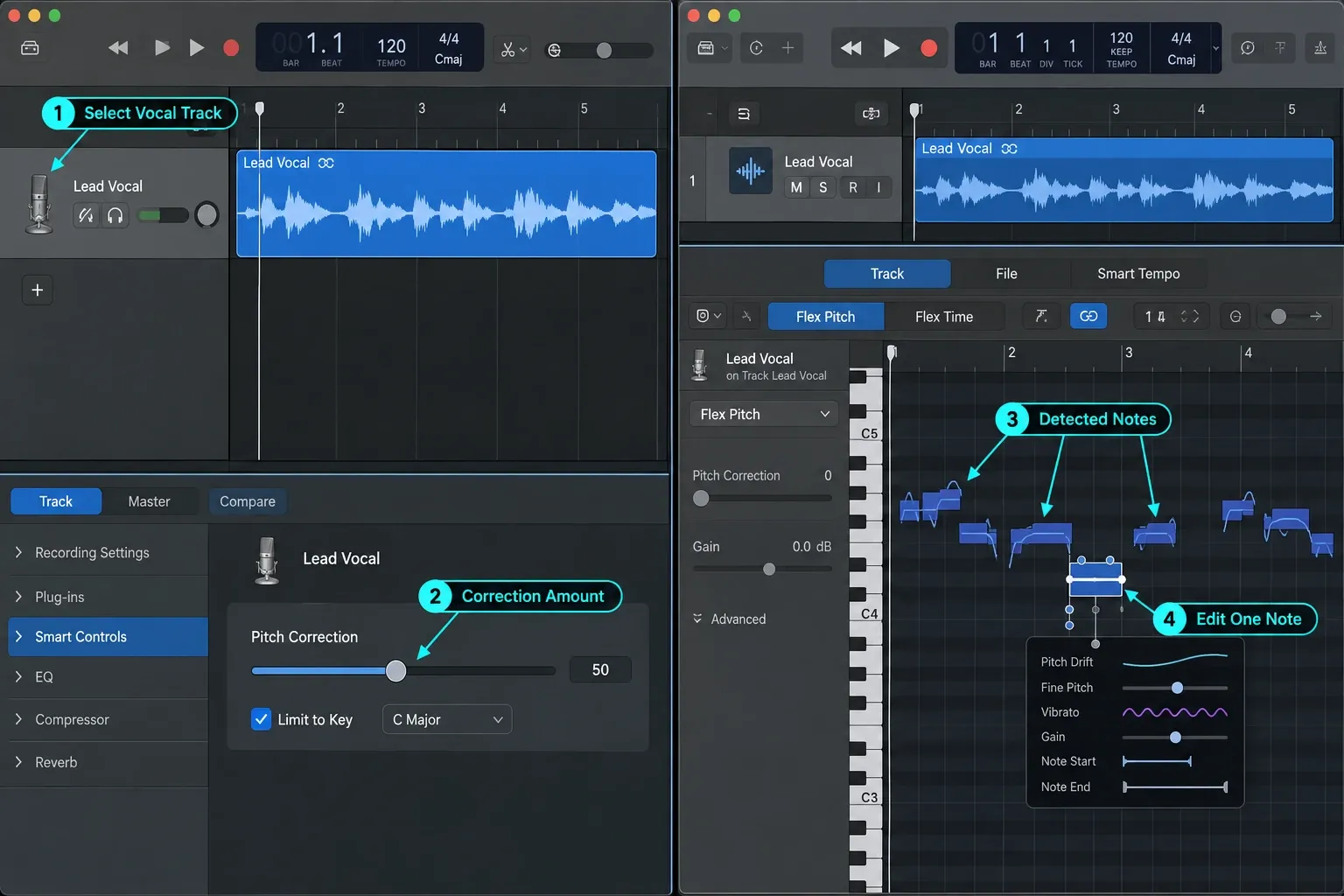 GarageBand Pitch Correction and Logic Pro Flex Pitch comparing track-wide correction with note-by-note editing