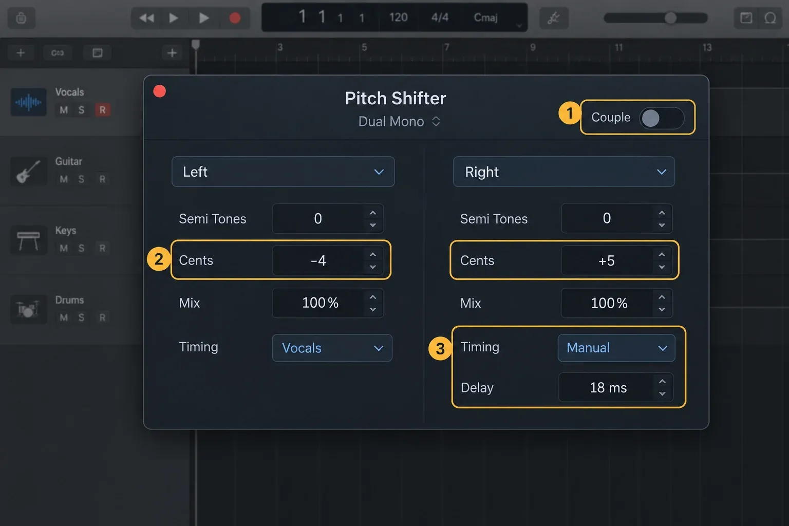 Illustrated Logic Pro Pitch Shifter in Dual Mono with separate left and right ADT settings