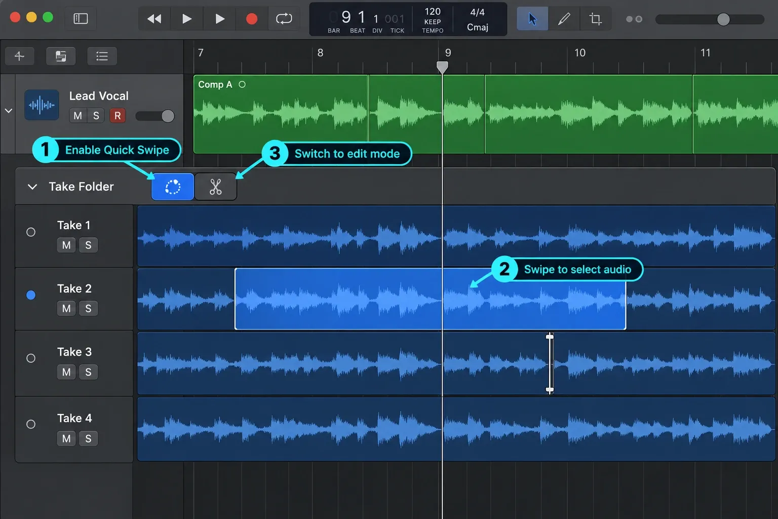Logic Pro showing Quick Swipe Comping and take editing modes