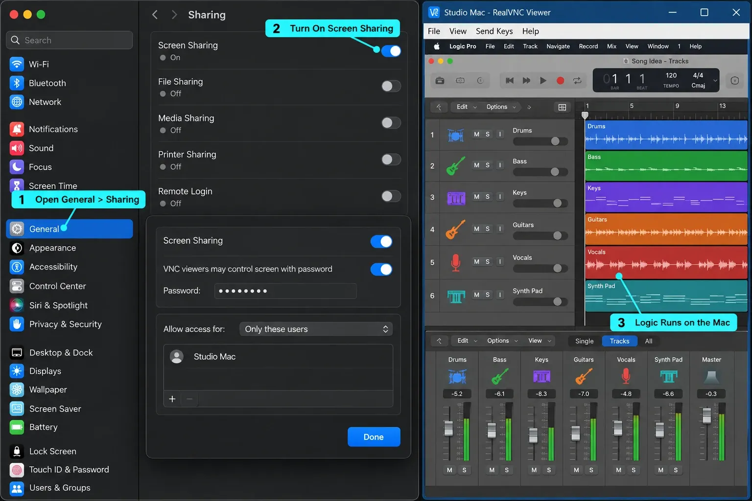 macOS Screen Sharing with a Windows remote viewer controlling Logic Pro on a real Mac