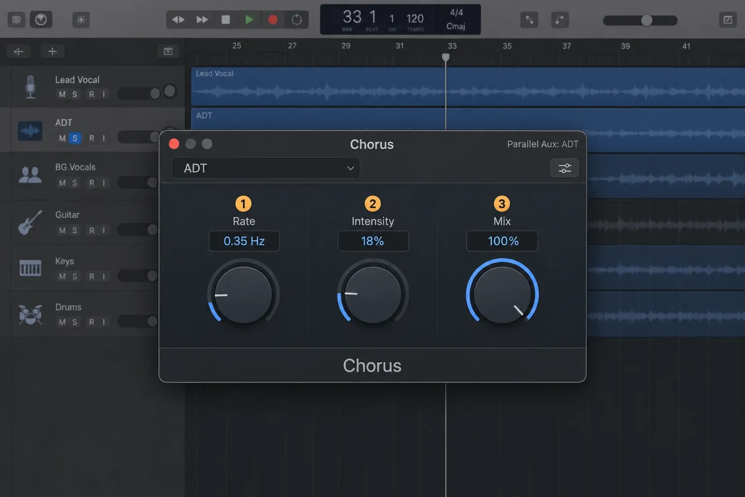 Illustrated Logic Pro Chorus settings for a slow moving artificial double on an ADT aux