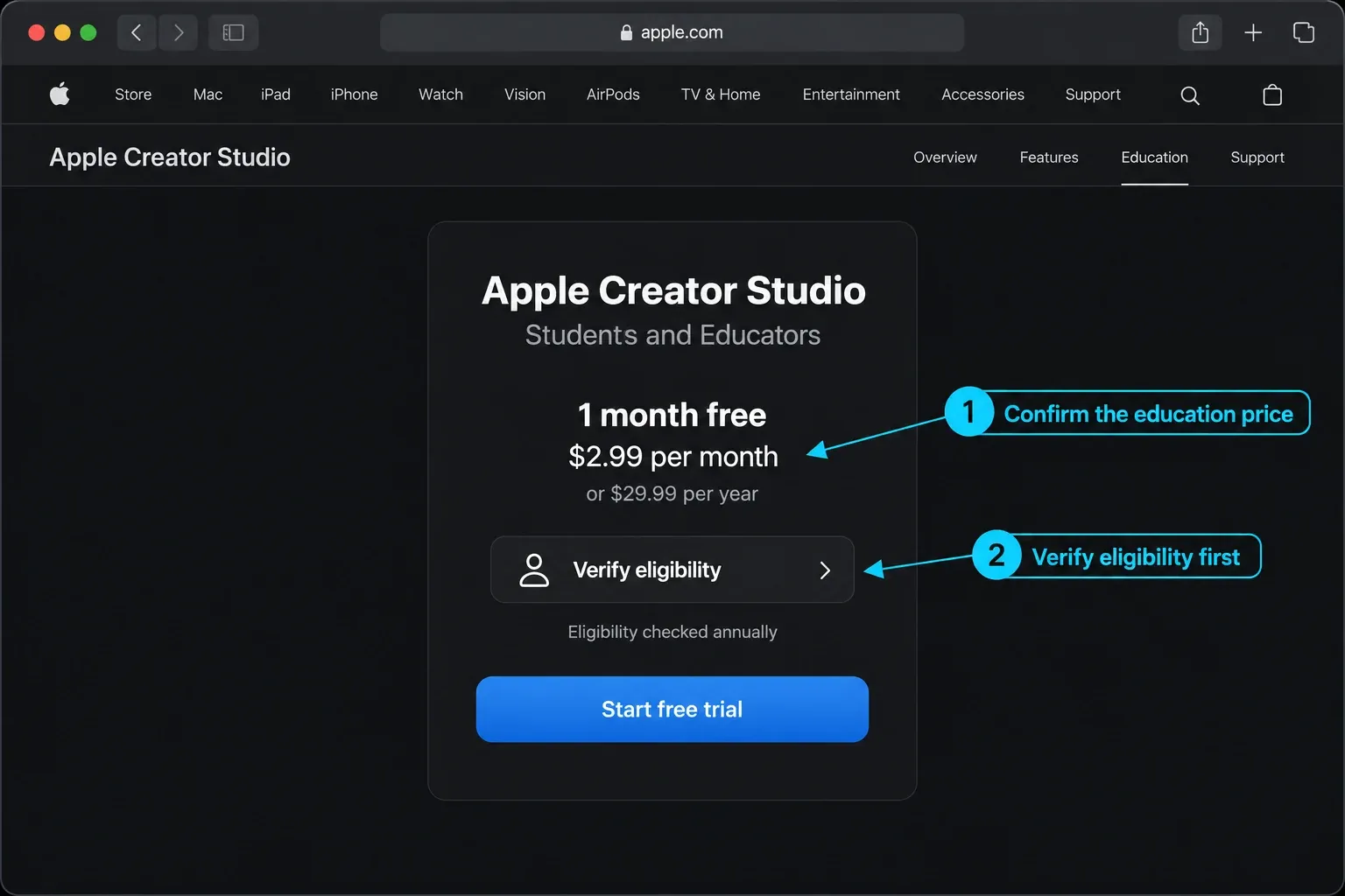 Apple Creator Studio education offer showing $2.99 monthly and $29.99 annual prices