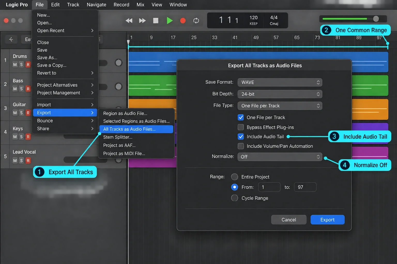 Logic Pro Export All Tracks as Audio Files showing a common range, audio tails and Normalize Off