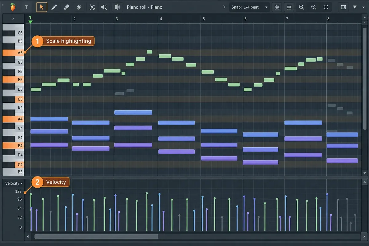 FL Studio Piano roll with scale highlighting, chord notes, and per-note velocity editing