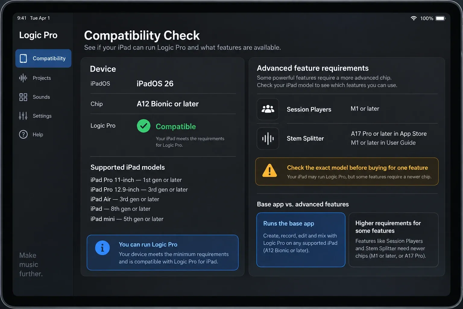iPad compatibility check for Logic Pro showing iPadOS, chip, storage and advanced-feature requirements