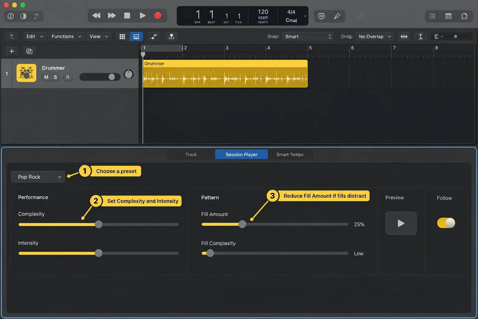 Logic Pro showing a Drummer Session Player with style, complexity, intensity and fill controls highlighted