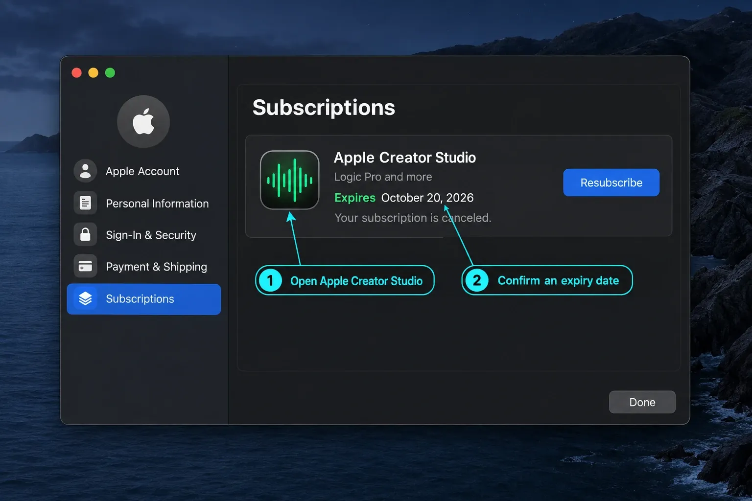 Apple Account subscriptions screen showing a cancelled Creator Studio trial with an expiry date