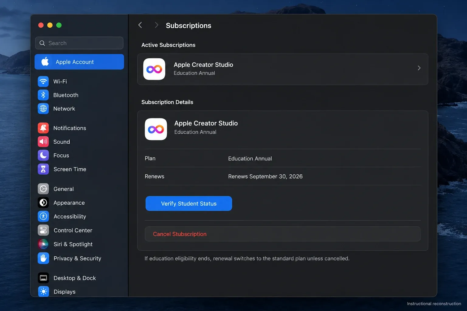 Mac subscription settings showing Apple Creator Studio renewal and student reverification controls