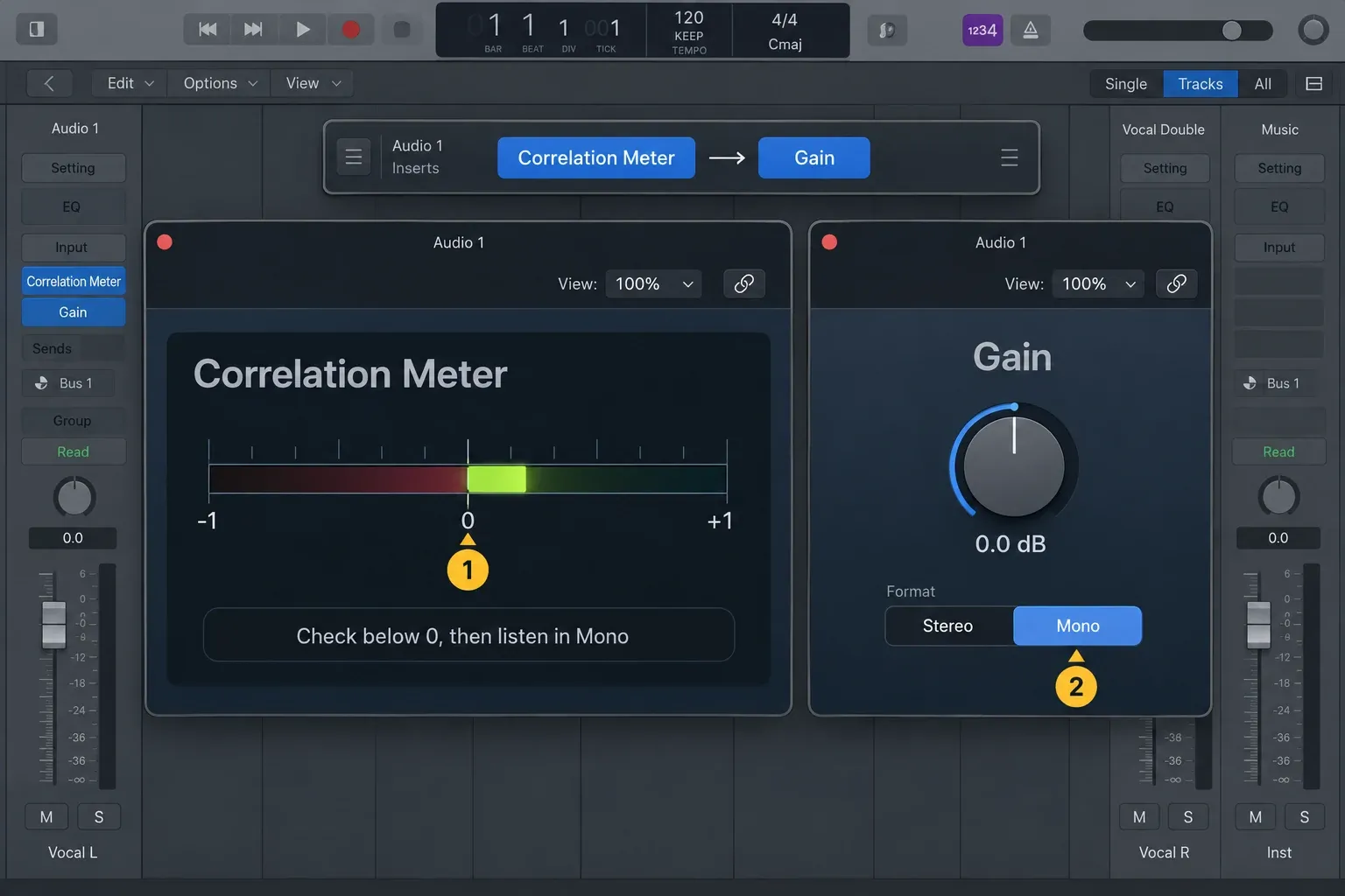 Illustrated Logic Pro Correlation Meter followed by Gain with Mono enabled