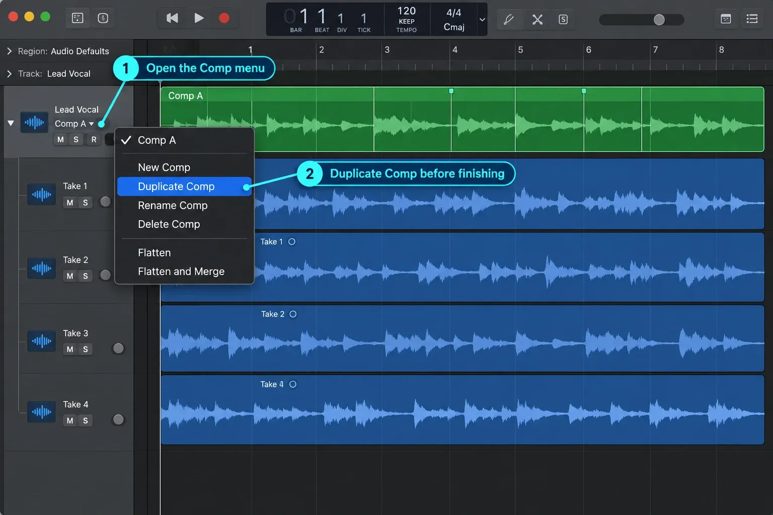 Logic Pro with Duplicate Comp highlighted in the Take Folder menu