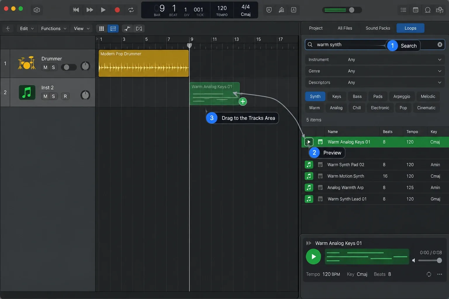 Logic Pro showing an Apple Loop search, preview and drag from the Loop Browser into the Tracks Area