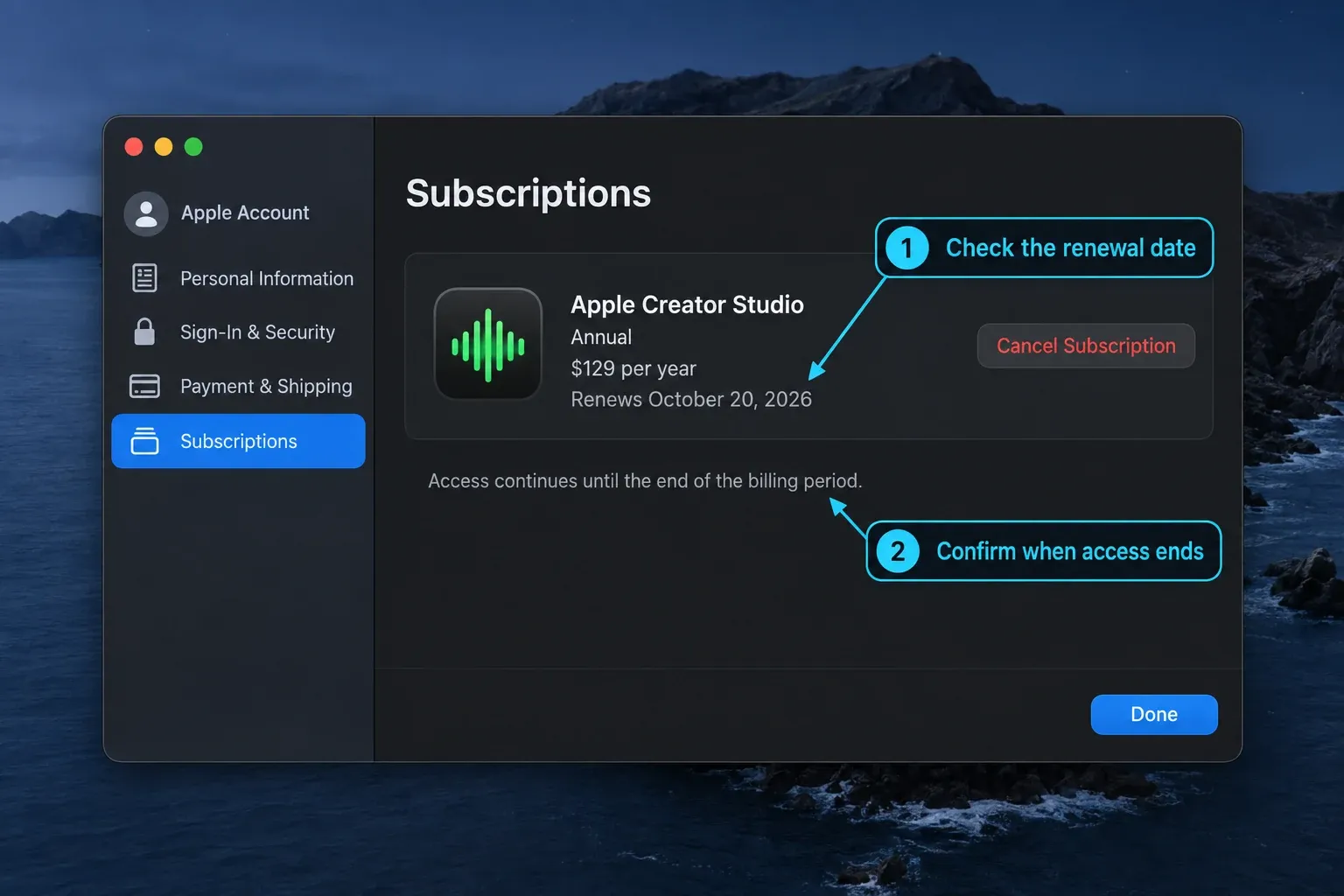Apple Account subscriptions showing the Creator Studio renewal date and cancellation access period