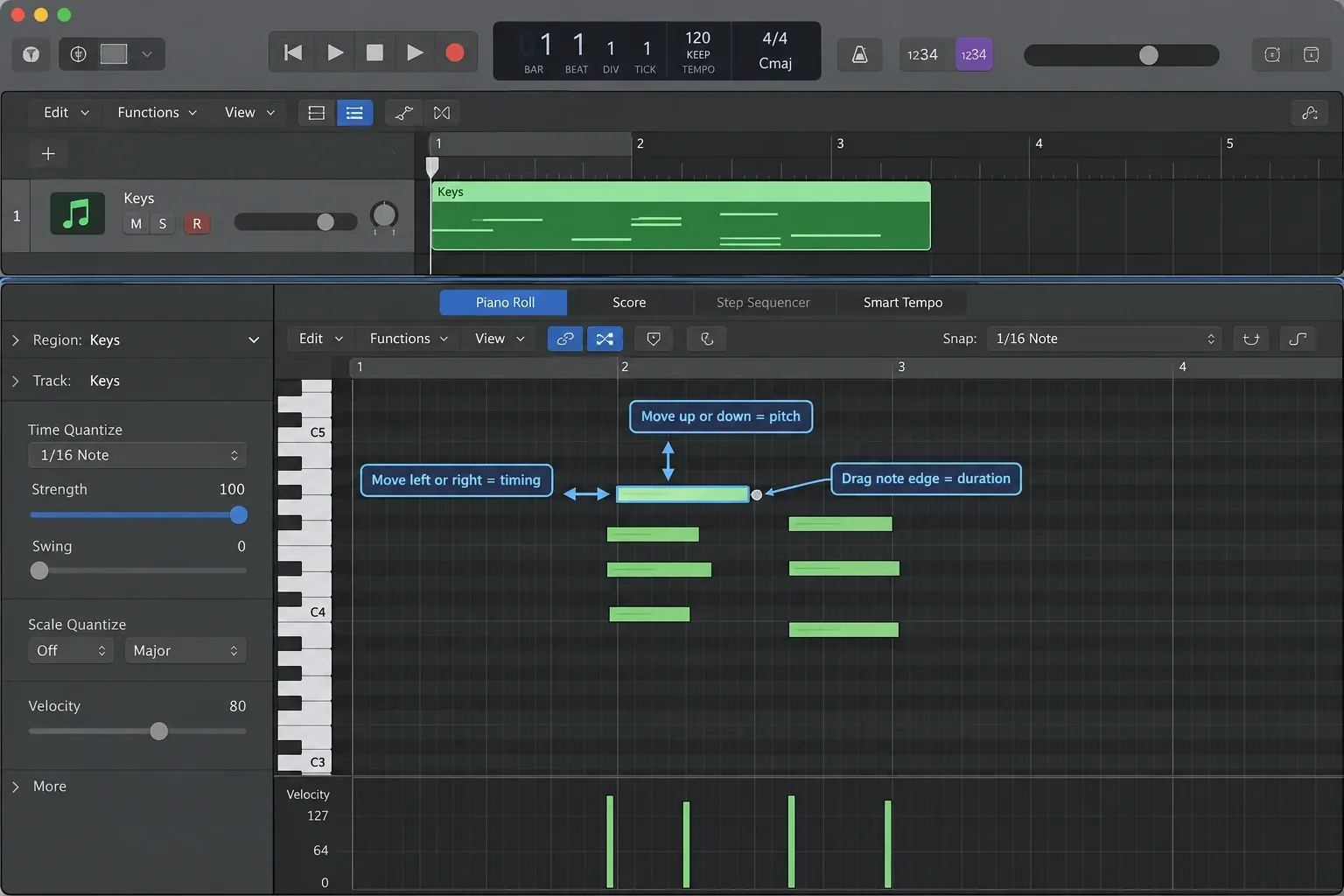 Logic Pro showing MIDI notes moved in time and pitch with note edges dragged to change duration