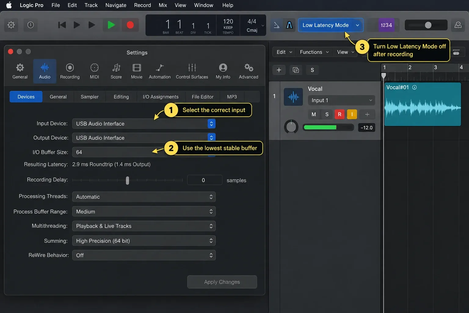 Logic Pro showing Input 1, record enable, input monitoring, a minus 12 dB peak, 64-sample buffer and Low Latency Mode