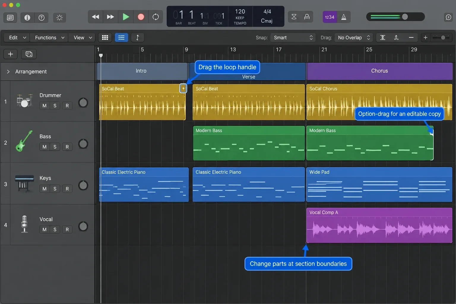 Logic Pro showing Intro, Verse and Chorus sections with loop extension, Option-drag copying and part changes at section boundaries