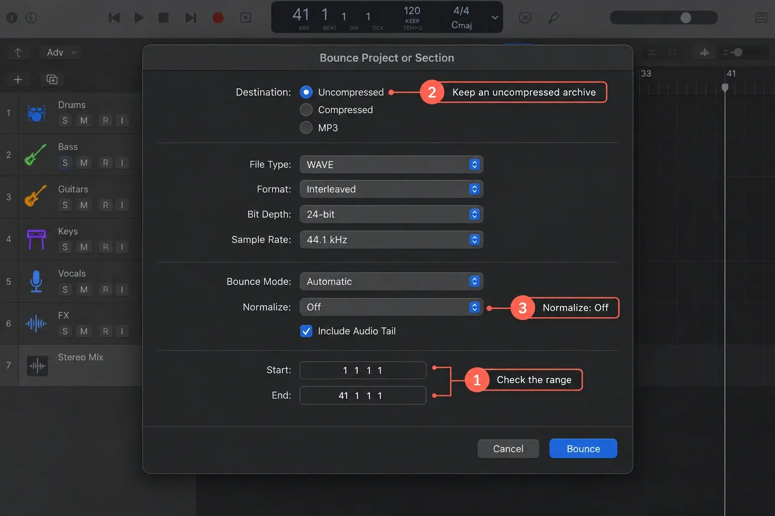 Logic Pro showing the Bounce Project or Section window with the range checked, WAV selected, Normalize off and an uncompressed destination