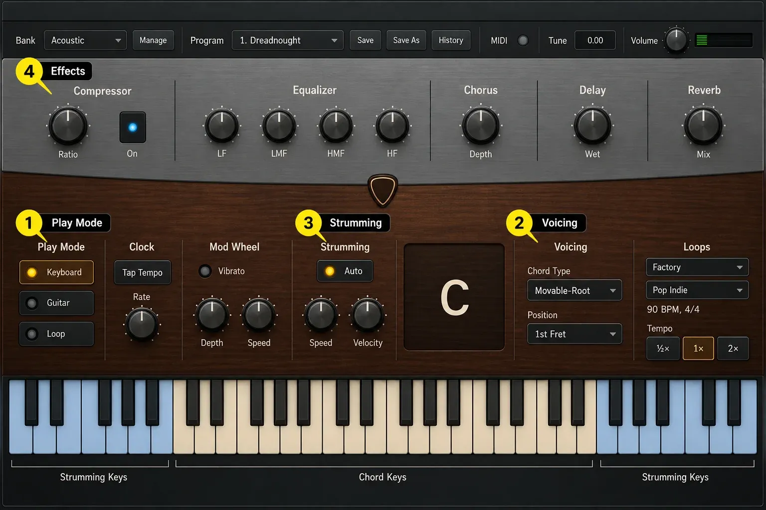 Acoustic guitar strummer plug-in with play mode, chord voicing, strumming and effects sections