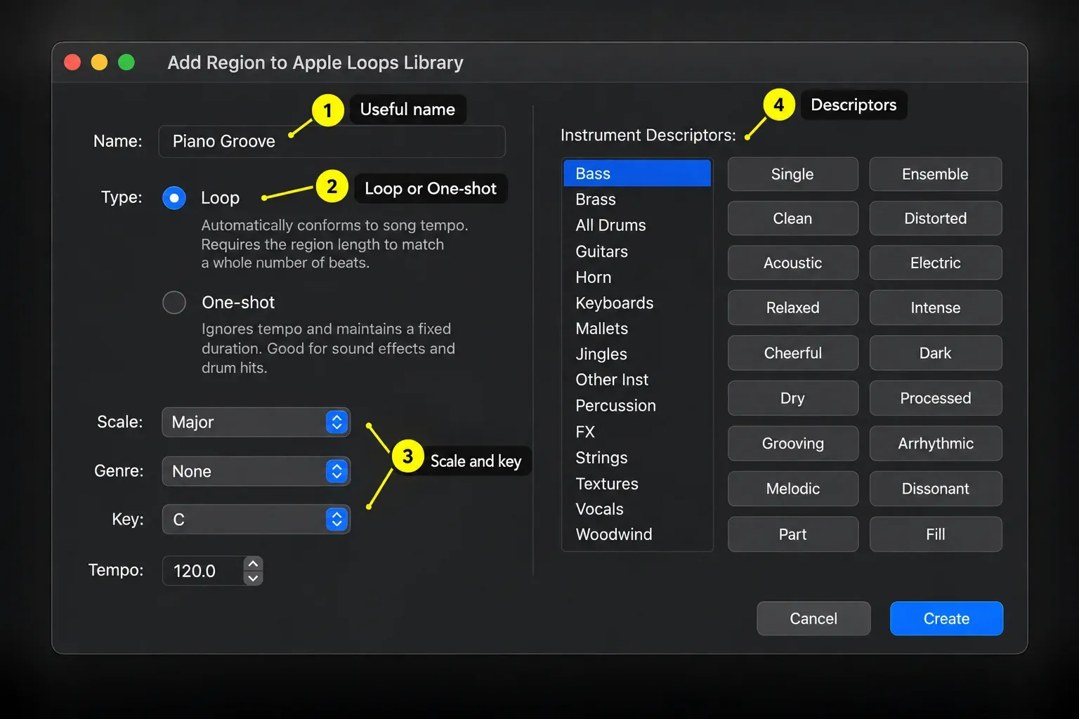 Add Region to Apple Loops Library dialog with name, loop type, scale, genre, key and descriptor fields
