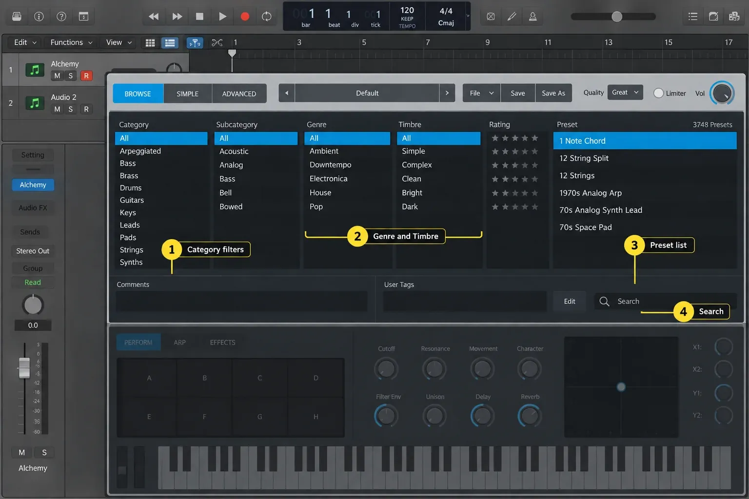 Alchemy Browse view with Category, Subcategory, Genre and Timbre filters, a preset list and search field