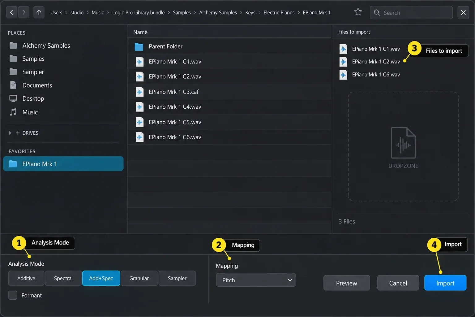 Alchemy Import browser with Additive, Spectral, Add+Spec, Granular and Sampler modes and Pitch mapping