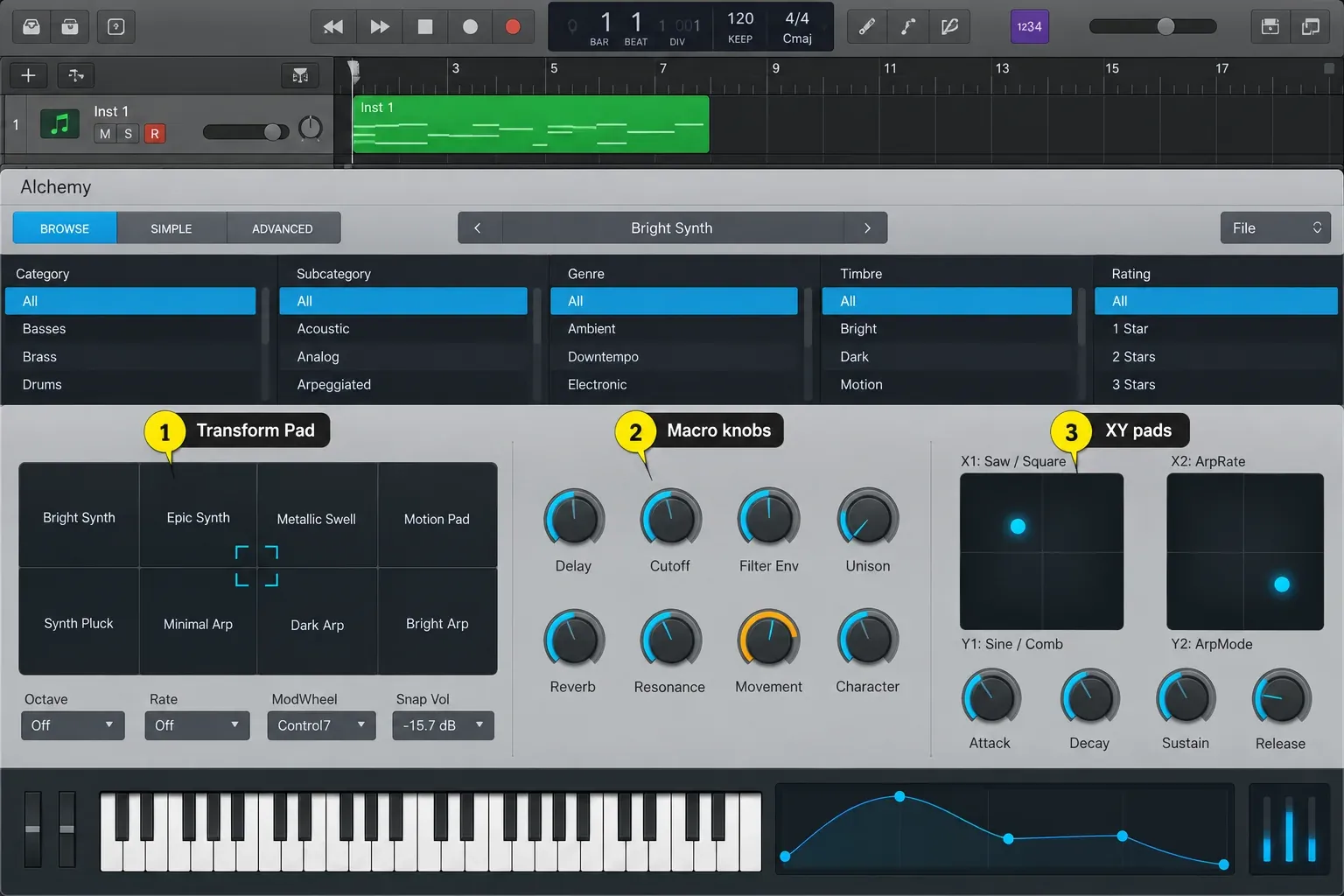 Alchemy performance controls with eight Transform Pad snapshots, macro knobs and two XY pads