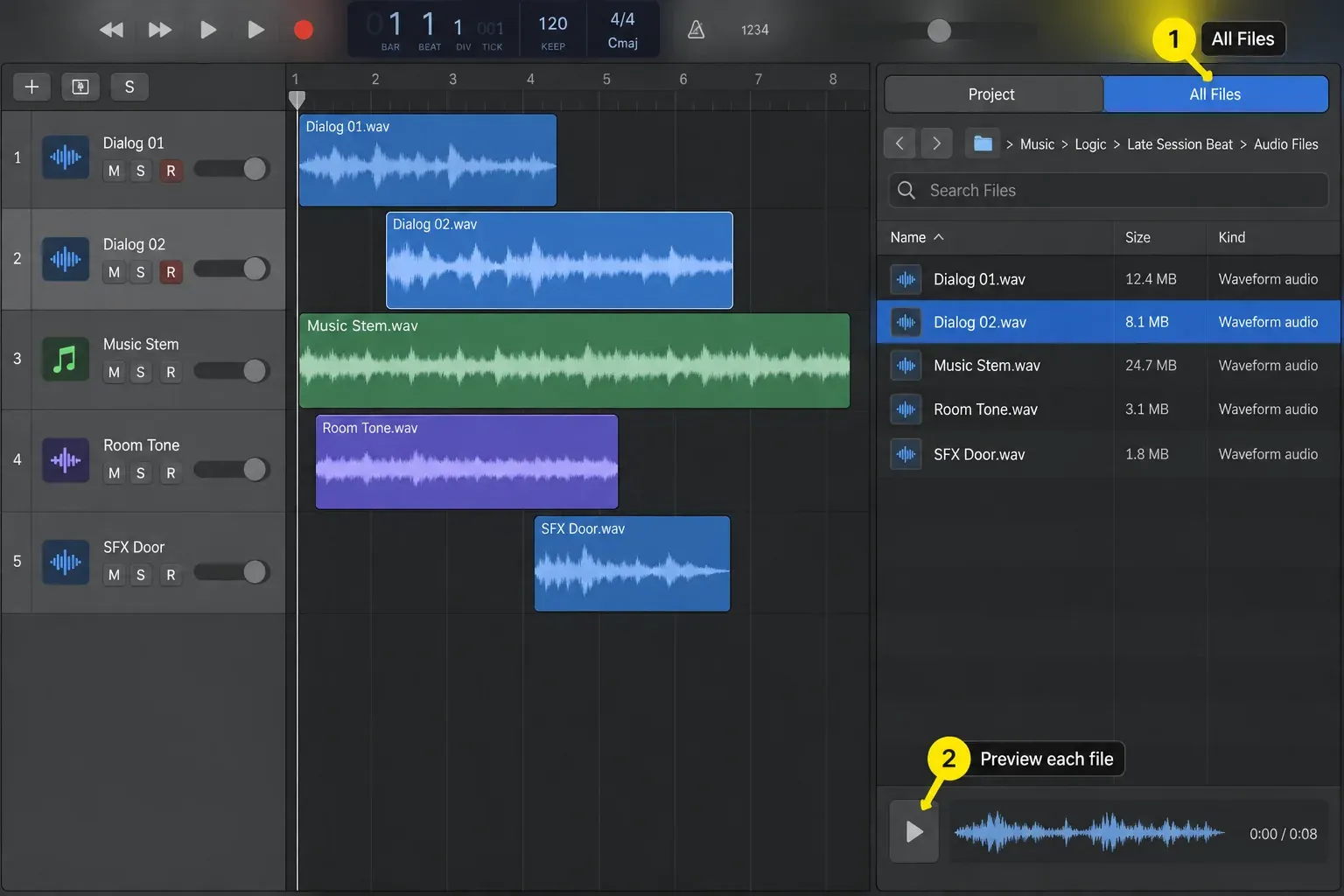 Logic Pro All Files browser listing imported audio files with a waveform preview