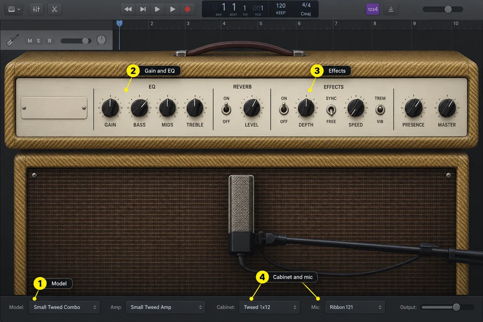 Logic Pro Amp Designer with tweed combo model, gain, EQ, reverb, effects, cabinet and microphone controls