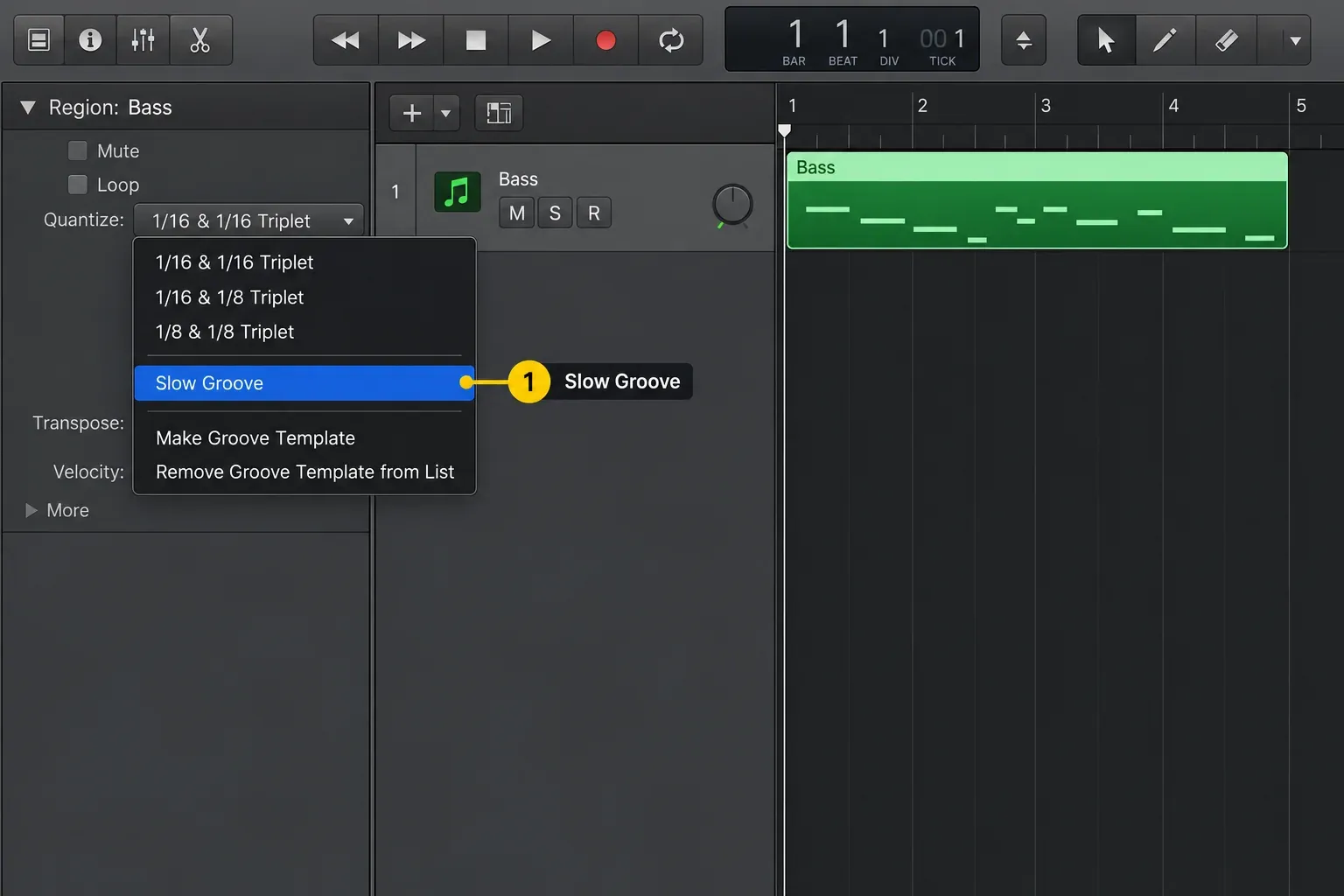 Bass MIDI region selecting the Slow Groove template from the Logic Pro Quantize menu