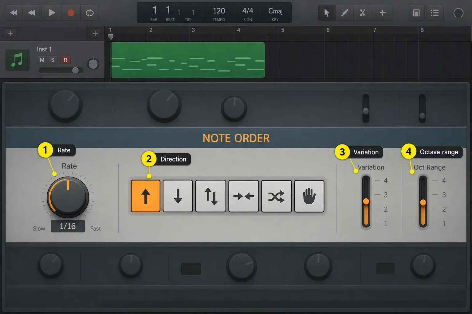Logic Pro Arpeggiator Note Order section with a 1/16 rate, six direction buttons, Variation and Oct Range sliders