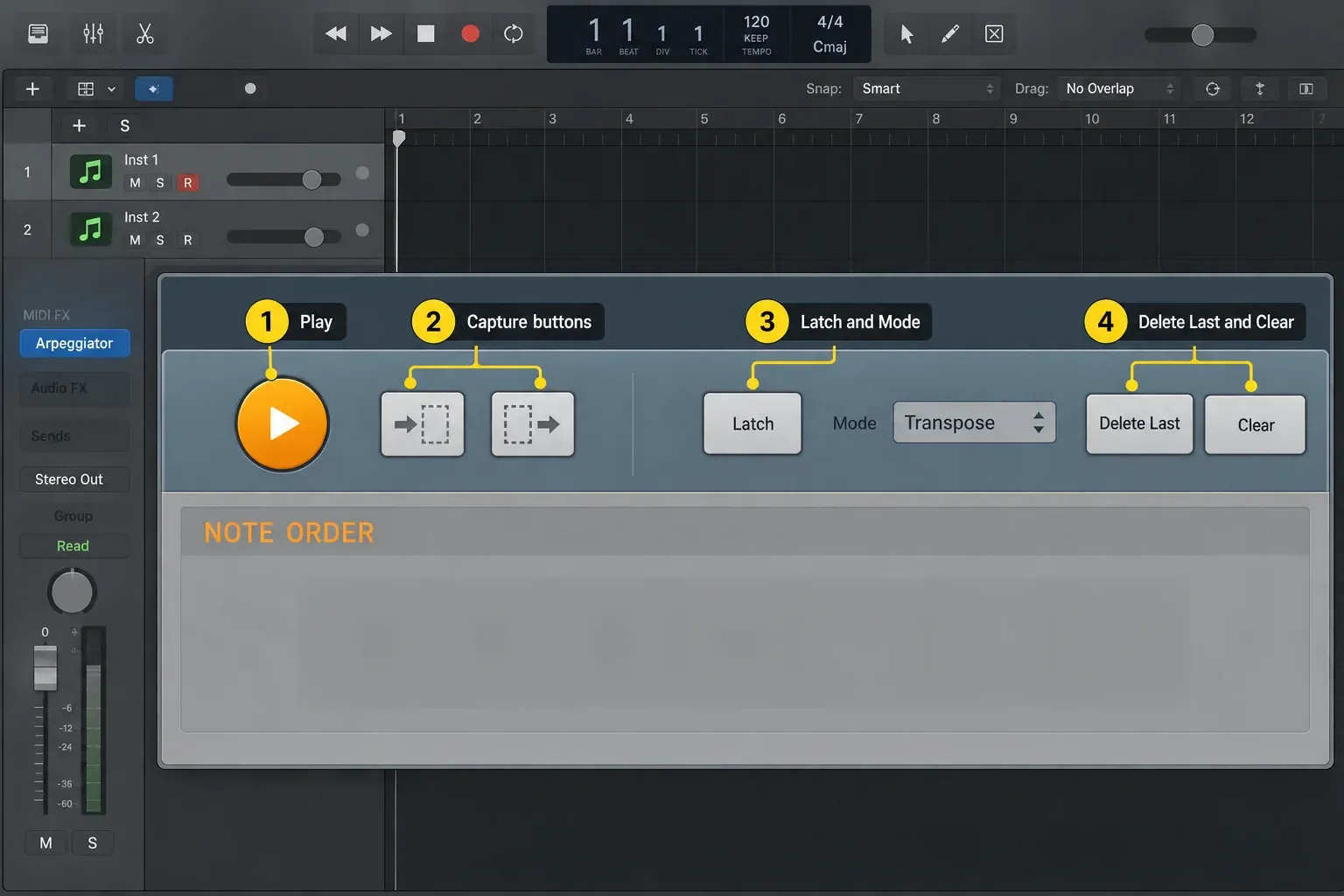 Logic Pro Arpeggiator control strip with Play, two capture buttons, Latch, Mode, Delete Last and Clear