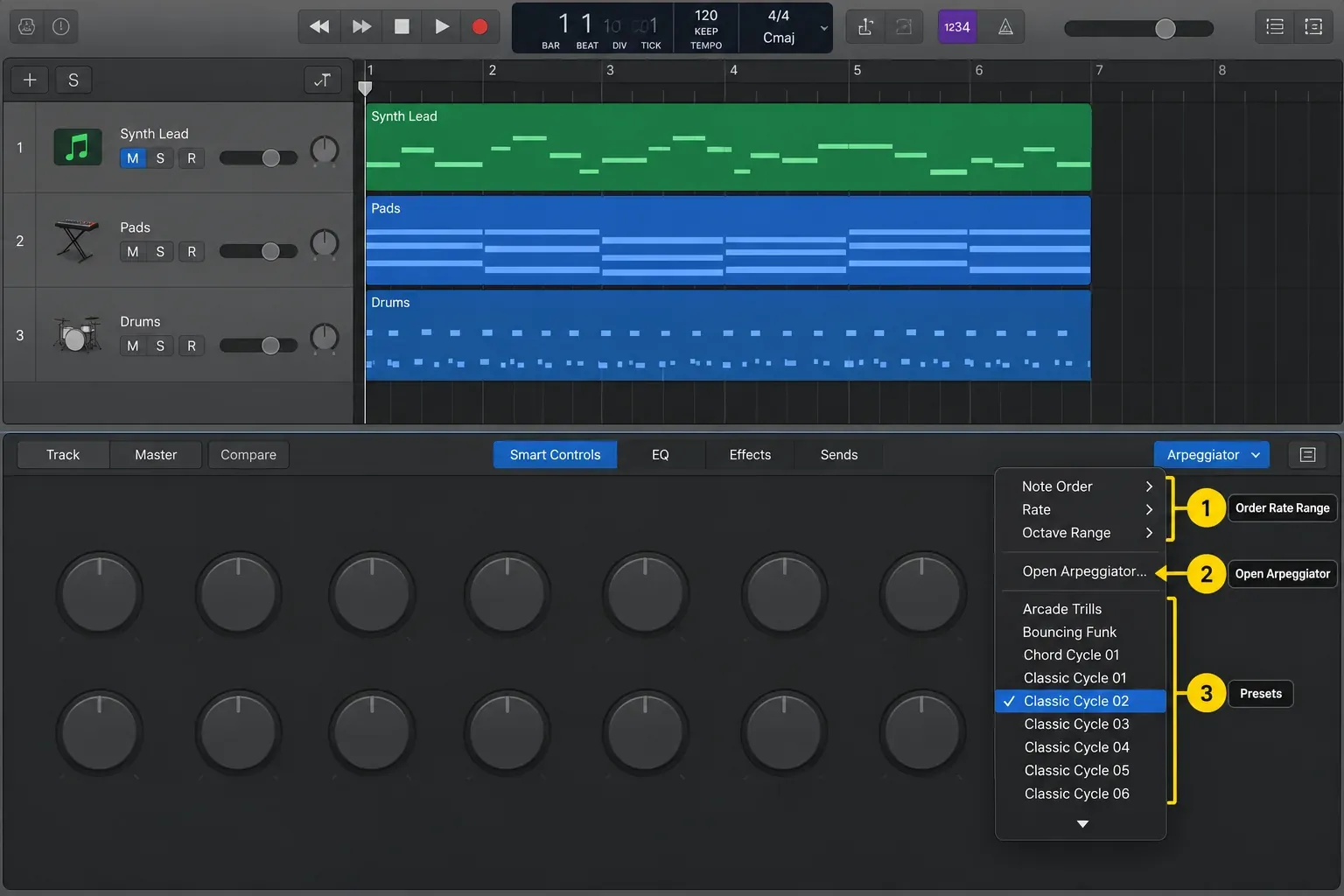 Logic Pro Smart Controls Arpeggiator menu with Note Order, Rate, Octave Range, Open Arpeggiator and presets