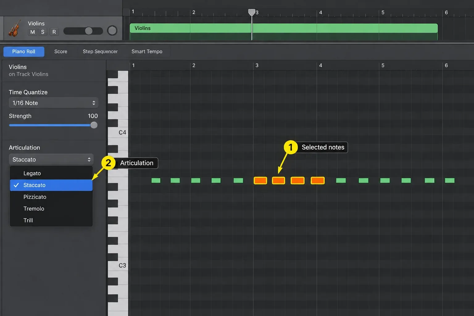 Logic Pro Piano Roll with selected MIDI notes and Staccato chosen in the Articulation menu