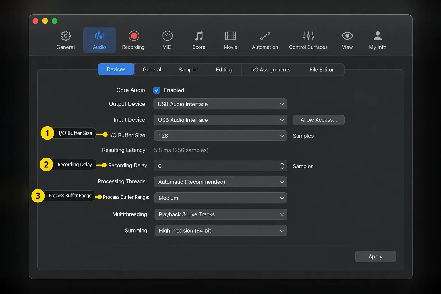 Logic Pro Audio Devices settings with a 128-sample I/O buffer, Resulting Latency, Recording Delay and Process Buffer Range