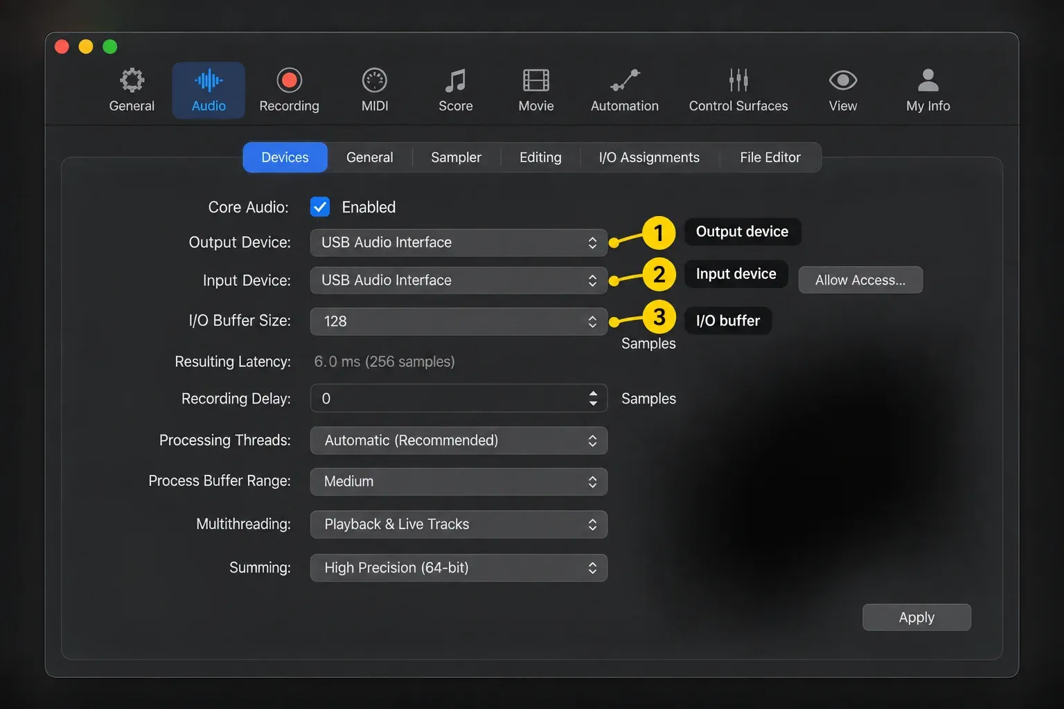 Logic Pro Audio Devices settings with the interface chosen as Input and Output Device and a 128-sample buffer