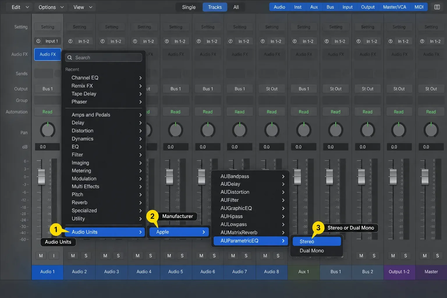 Logic Pro Audio FX menu opened to Audio Units, a manufacturer submenu and Stereo or Dual Mono