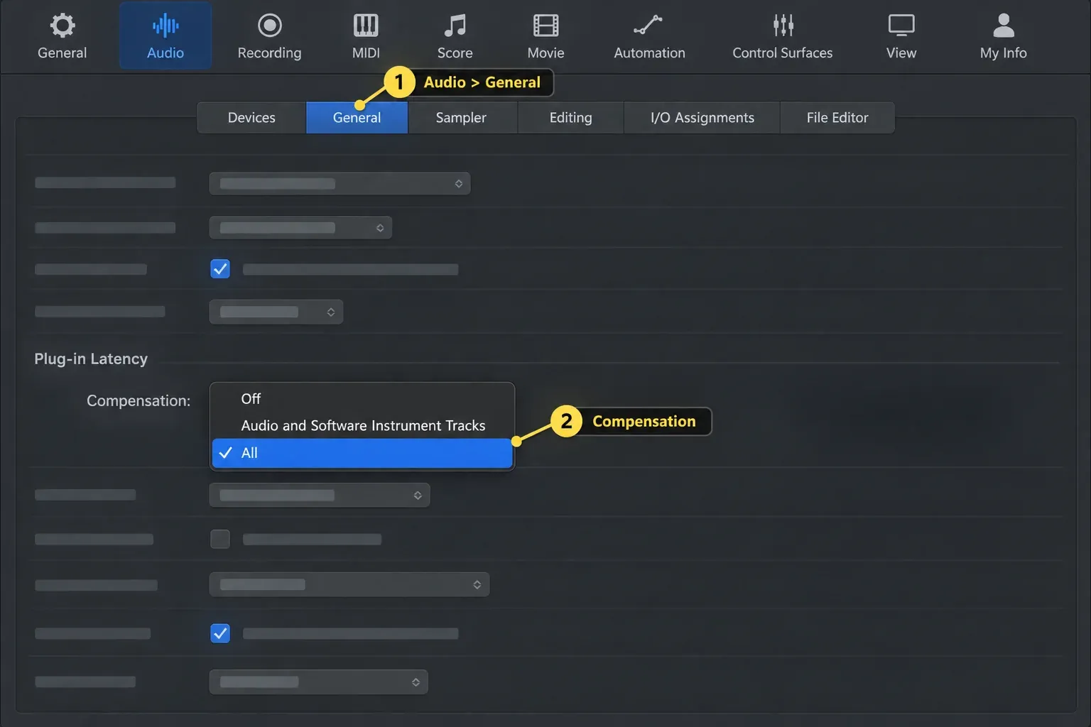 Logic Pro Audio General settings with the Plug-in Latency Compensation menu: Off, Audio and Software Instrument Tracks, All