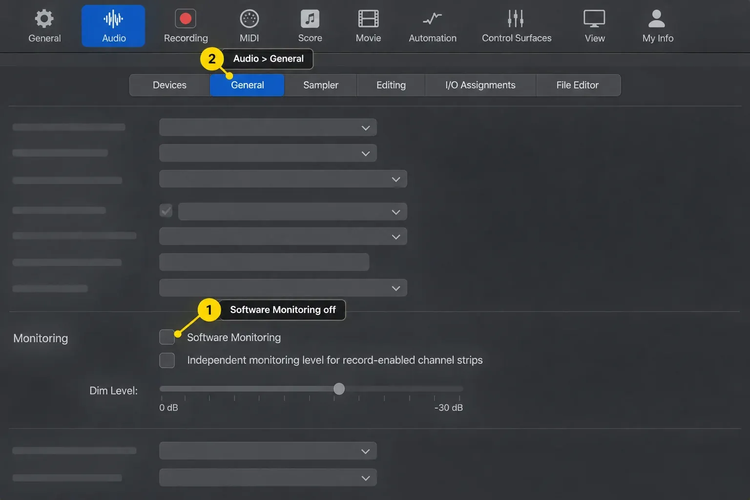 Logic Pro Audio General settings with Software Monitoring unchecked for direct monitoring from the source