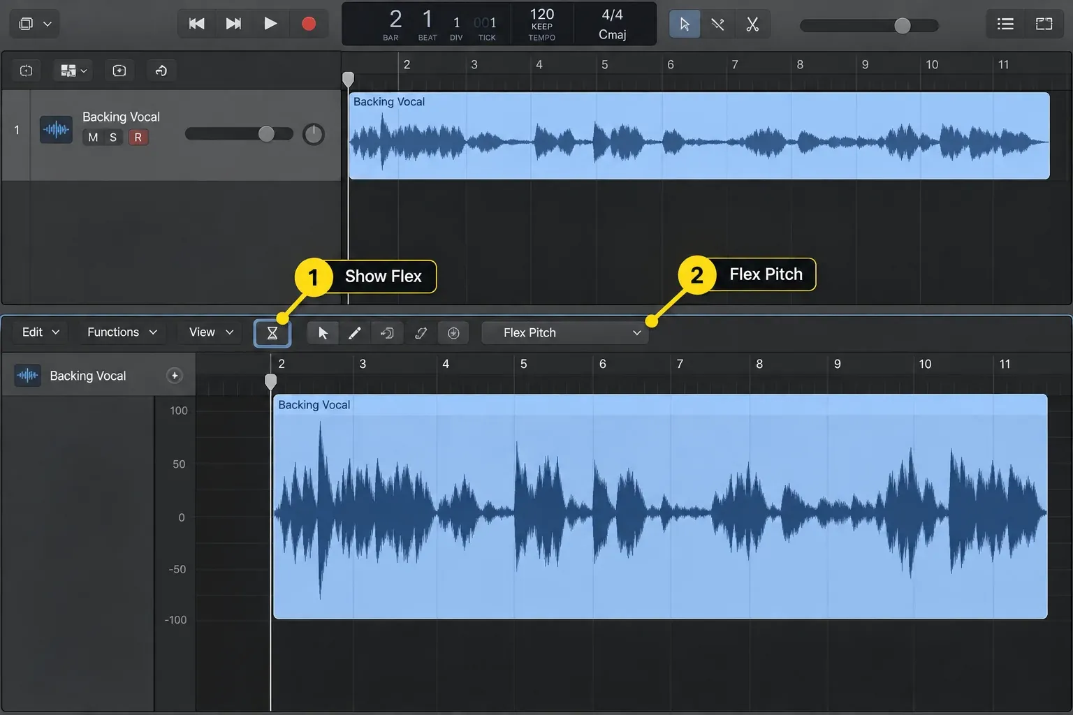 Logic Pro Audio Track Editor with Show Flex enabled and Flex Pitch chosen for a Backing Vocal region