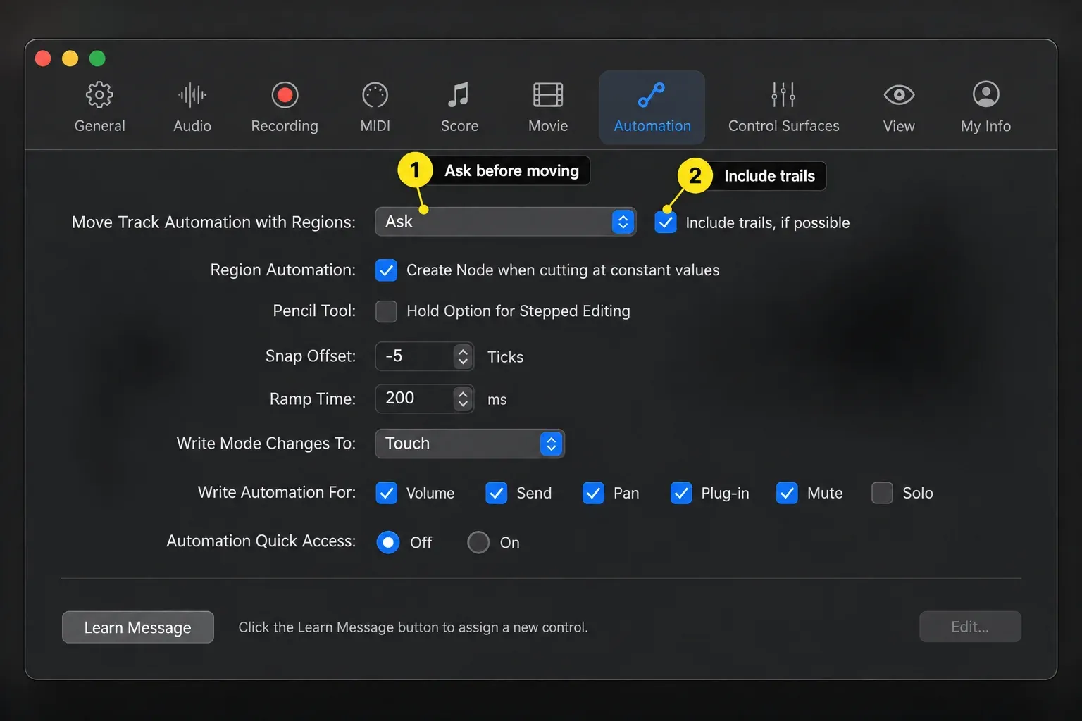 Logic Pro Automation settings with Move Track Automation with Regions set to Ask