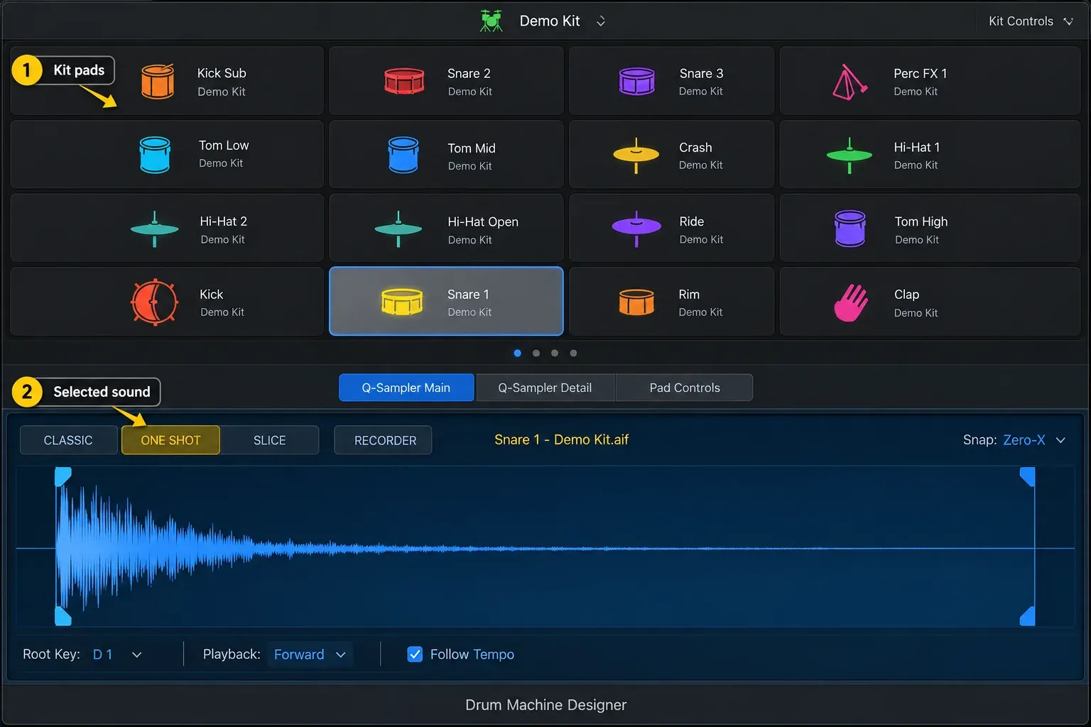 Logic Pro Drum Machine Designer with a 16-pad kit and Quick Sampler controls for the selected snare pad