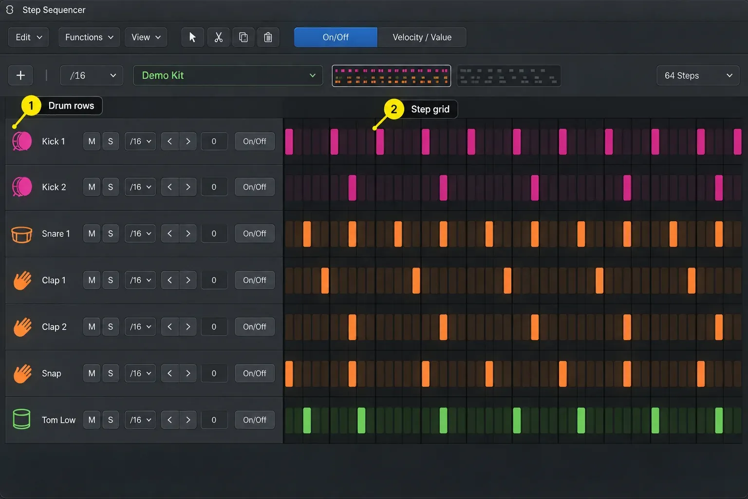 Logic Pro Step Sequencer with seven drum rows on the left and active steps in a 64-step grid