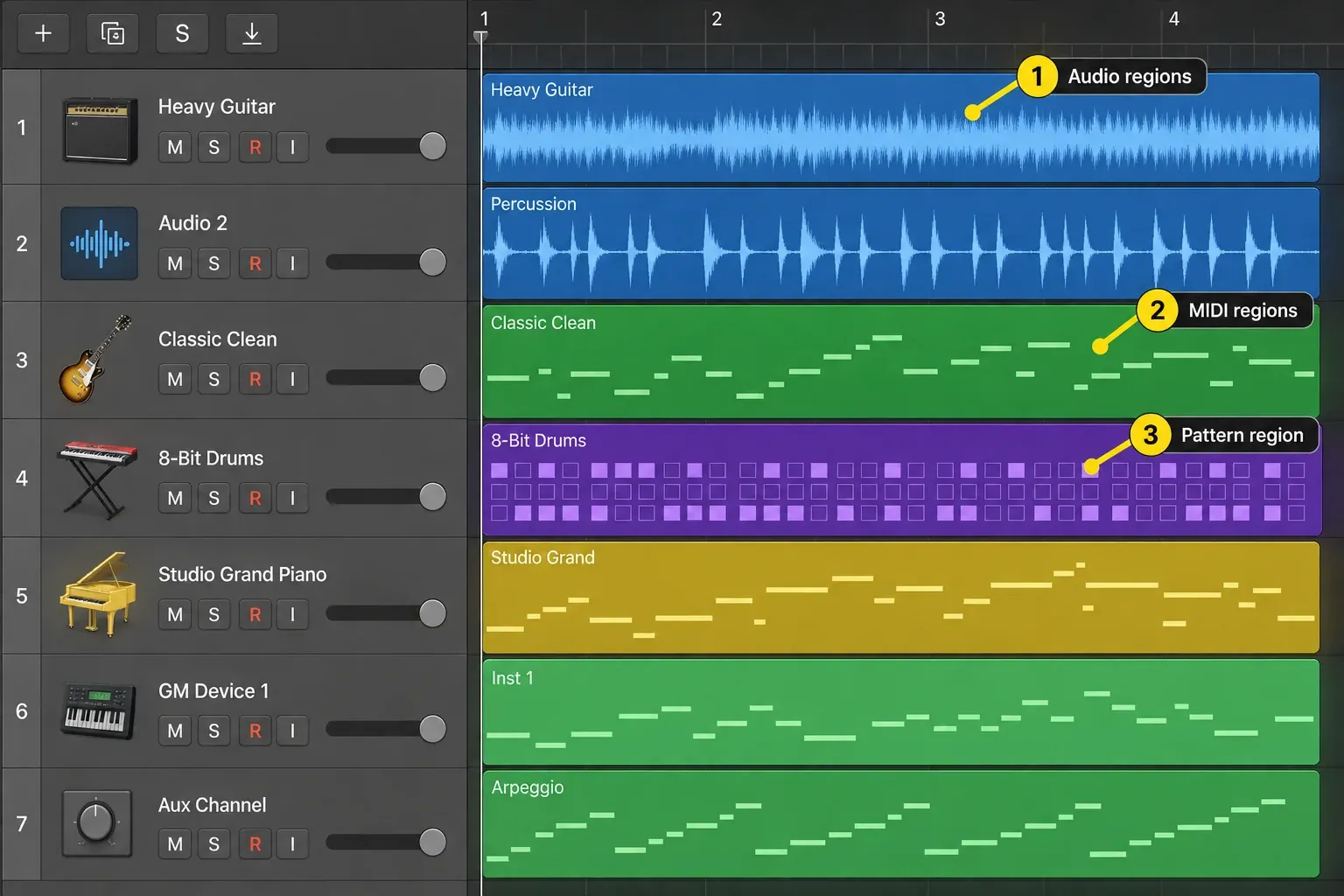 Logic Pro Tracks area with blue audio regions, green MIDI regions and a purple pattern region on seven tracks