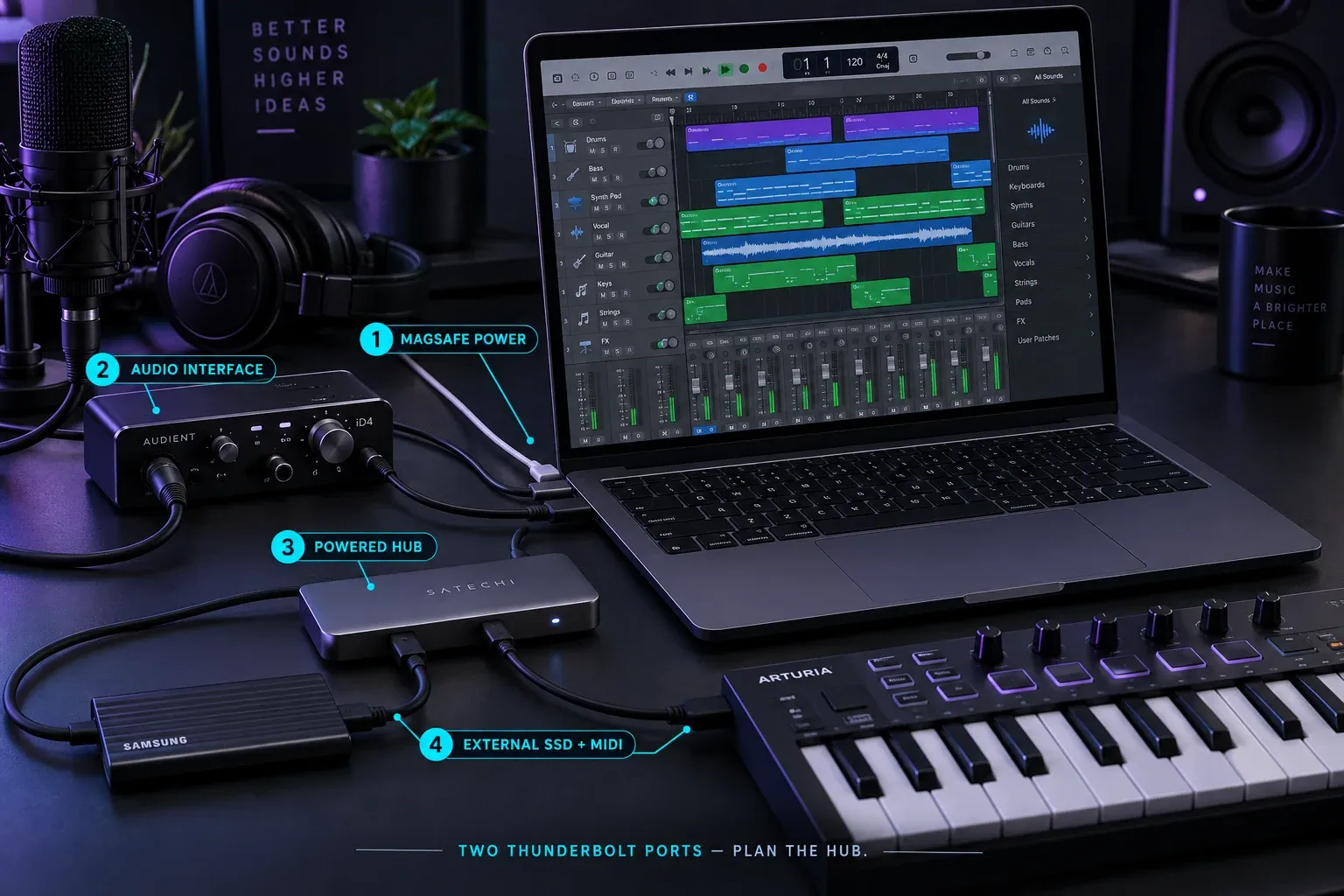 A MacBook Air Logic Pro setup with MagSafe, audio interface, powered hub, SSD and MIDI keyboard