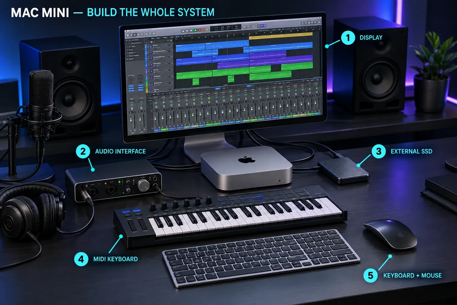 A complete Mac mini Logic Pro studio with display, interface, SSD, MIDI keyboard, keyboard and mouse